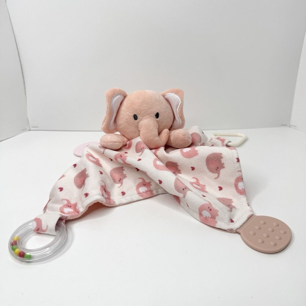 Modern Baby Pink Elephant Lovey Security Blanket Teether Plush Rattle Toy - Picture 4 of 8